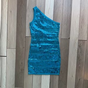 WOWCOUTURE Y2K teal blue one-shoulder full sequin dress
